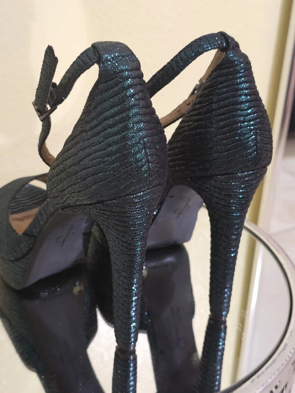 Jessica Simpson Iridescent Dark Green Open-Toe Ankle Strap Heels
